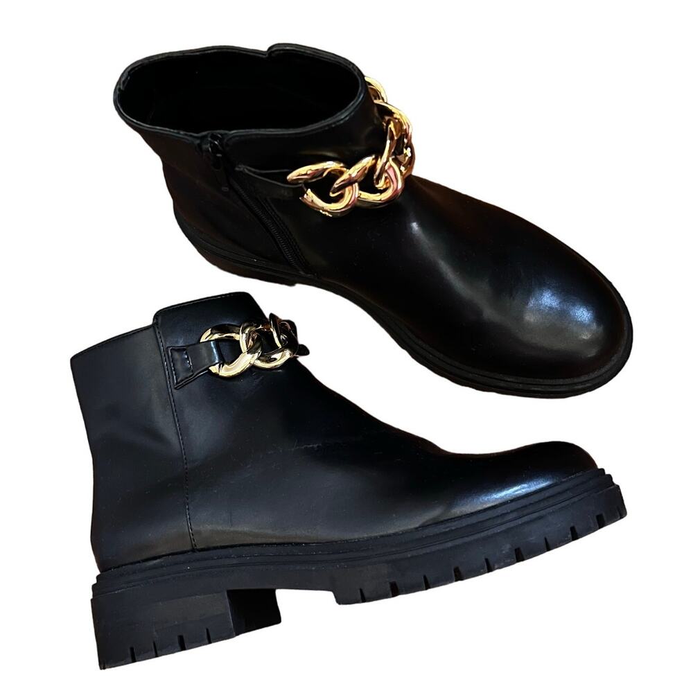 INC Basia Black Gold Chain Chunky Lug Ankle Boots 7M